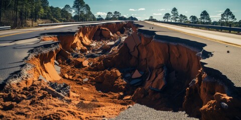 Asphalt road destroyed due to natural disaster. Generative AI - obrazy, fototapety, plakaty