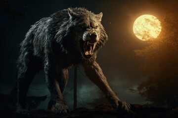 Fierce werewolf in the forest, full moon day, dark background. Generative AI