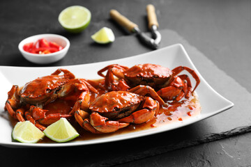 Delicious boiled crabs with sauce and lime on black textured table
