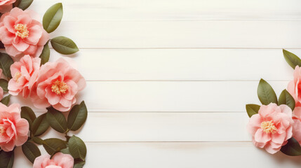 Fall-blooming Camellias on Wooden Background, Beautiful Flowers, Autumn Floral, Copy Space. Generative AI