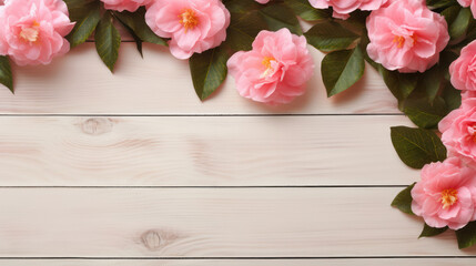 Fall-blooming Camellias on Wooden Background, Beautiful Flowers, Autumn Floral, Copy Space. Generative AI