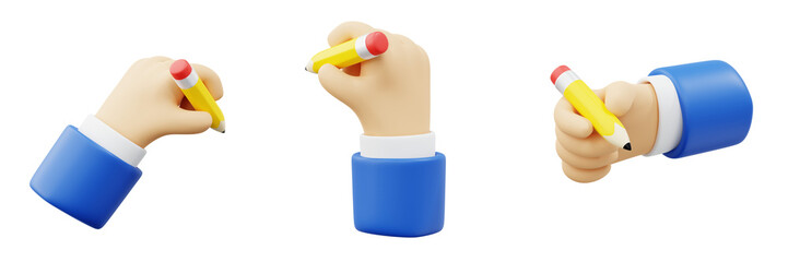 3D hand gesture icon set of hands with pencils in different angles cartoon illustration design