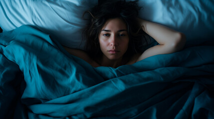 blue monday concept, tired woman lying on a blue bed - obrazy, fototapety, plakaty