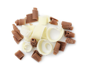 Pile of different tasty chocolate shavings isolated on white, top view