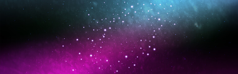 Milky way. Color spiral galaxy. Wide starry texture. Purple and blue cosmic wallpaper. Deep space effect with bright stars. Magic cosmic background. Vector illustration