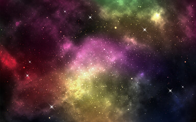 Galaxy background. Colorful starry nebula. Realistic universe with shining stars. Cosmic stardust effect. Color texture with constellations. Outer space backdrop. Vector illustration