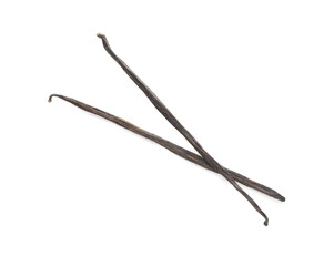 Obraz premium Two aromatic vanilla pods isolated on white, top view