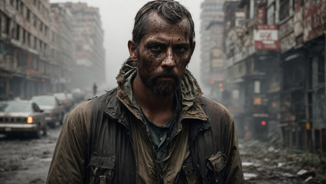 tired dirty man in a post apocalyptic city