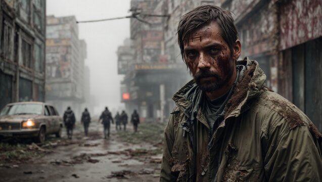 tired dirty man in a post apocalyptic city