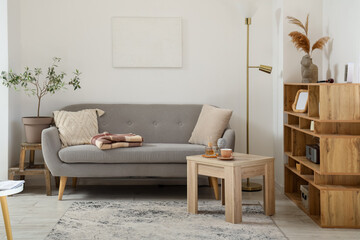 Modern living room interior with grey sofa, warm blanket and cup of tea on coffee table - obrazy, fototapety, plakaty