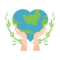 World humanitarian day illustration. Earth, love, community help symbol with hand give heart. Vector illustration.