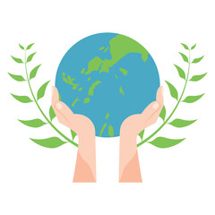 World humanitarian day illustration. Earth, love, community help symbol with hand give heart. Vector illustration.