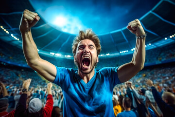 Enthusiastic male sports fan is fully immersed in the excitement of a soccer match with a high-energy crowd in background, her impassioned cheering shows the joy of sport - obrazy, fototapety, plakaty