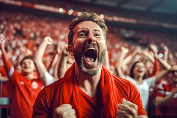 Obraz premium Enthusiastic male sports fan is fully immersed in the excitement of a soccer match with a high-energy crowd in background, her impassioned cheering shows the joy of sport