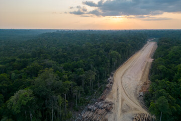 Aerial view of ground airstrip in forest exploration area surrounded by dense Amazon rainforest