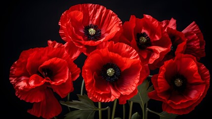 Beautiful red poppies on black background. Remembrance Day, Armistice Day symbol