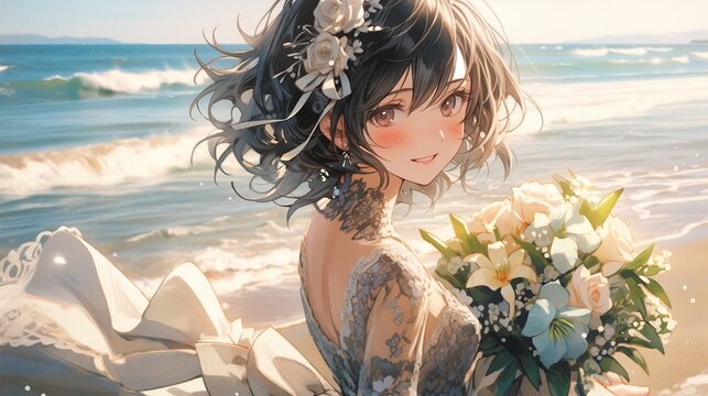 ［AI生成画像］綺麗な花嫁、南国の海27