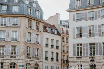 France, Paris, historic apartment buildings in the center of in Paris, beautiful architecture of Paris