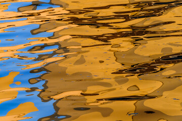 Fototapeta na wymiar Vivid red, orange, blue and golden tones reflect in water on sunset in the river Spree in Berlin, can be used as colorful abstract background.