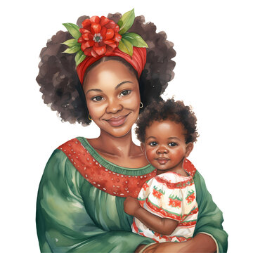 Cute Mother New Year African American Watercolor Clipart Illustration
