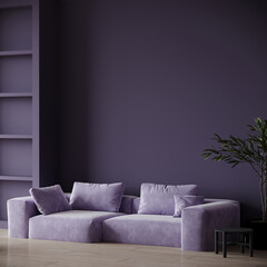 Luxury living room in dark deep color. Purple violet paint walls, shelves, lavender lounge furniture - rich sofa. Empty space for art picture. Cozy interior design. Mockup room or lounge. 3d render 
