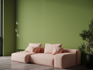 Olive green and pink powder livingroom - trend mix colors. Rich cozy furniture - large pastel rose velvet sofa. Luxury lounge modern room design interior mockup. Empty paining wall for art. 3d render