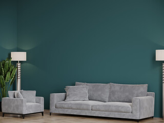 Emerald green living room - modern interior and furniture design. Mockup for art - empty teal painted wall. Dark green viridian background. Luxury premium lounge area with gray accent. 3d render