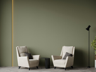 Mockup living room home or reception lounge office with painted olive green walls. Accent chairs in taupe beige color. Luxury interior design for art or picture. Empty space, rich furniture. 3d render - obrazy, fototapety, plakaty