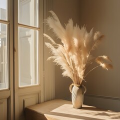 Beautiful shades of neutral pampas grass and reeds makes for an aesthetic background with sunlight casting shadows on the wall giving off Parisian vibes