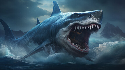 Fototapeta premium The Legendary Megalodon in the Deep Ocean - Generative AI