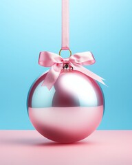 Metallic pink Christmas eve bauble with pink ribbon and bow on blue pink background. Minimal concept of Christmas celebration and New Year season. Pastel colors