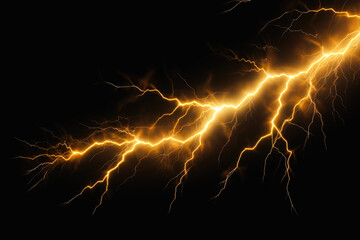 Intense lightning bolts strike against a dark night sky, showcasing nature's electric power. Isolated on dark background