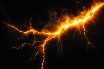 Intense lightning bolts strike against a dark night sky, showcasing nature's electric power. Isolated on dark background