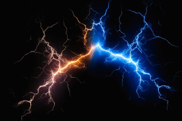 Two intense lightning bolts, one orange and one blue on dark background