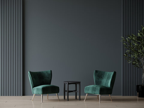 Mockup livingroom home or reception lounge office with painted dark walls. Accent chairs in green emerald viridian color velvet. Luxury interior design for art or picture. 3d render