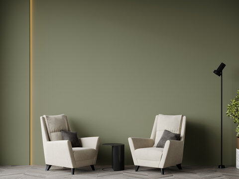 Mockup living room home or reception lounge office with painted olive green walls. Accent chairs in taupe beige color. Luxury interior design for art or picture. Empty space, rich furniture. 3d render