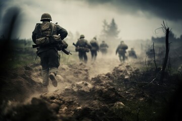 Obraz na płótnie Canvas Soldiers on the battlefield in war, AI Generative