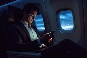 Portrait businessman sitting using smart phone inside airplane near the window, AI Generative