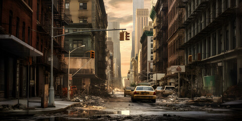 Devastated New York Street with Yellow Cabs - AI Generated Image