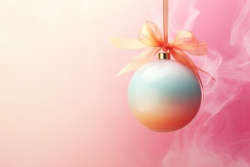 Pink golden Christmas bauble with bow and ribbon on pink yellow gradient background. Minimal concept of Christmas celebration and New Year season. Pastel colors, smoke in background with copy space