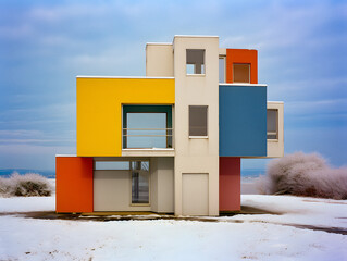 Obraz na płótnie Canvas Bauhaus Inspired Mondrian Colors - Exterior View. Generative ai.