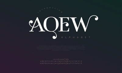 Aqew premium luxury elegant alphabet letters and numbers. Elegant wedding typography classic serif font decorative vintage retro. Creative vector illustration