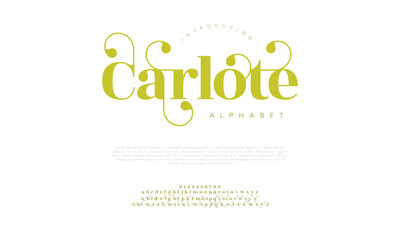 Carlote premium luxury elegant alphabet letters and numbers. Elegant wedding typography classic serif font decorative vintage retro. Creative vector illustration