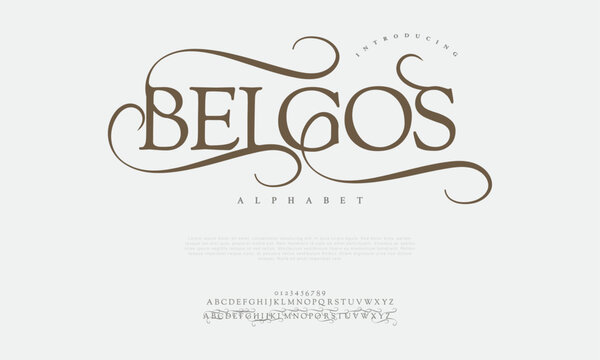 Belgos premium luxury elegant alphabet letters and numbers. Elegant wedding typography classic serif font decorative vintage retro. Creative vector illustration
