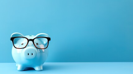Piggy bank with glasses on blue background - obrazy, fototapety, plakaty