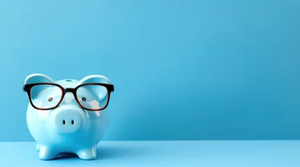 Fotobehang Piggy bank with glasses on blue background © Sariyono