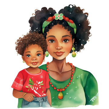 Cute Mother New Year African American Watercolor Clipart Illustration