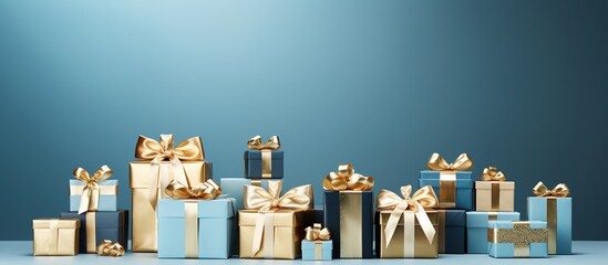blue gift boxes with golden bows on blue background - obrazy, fototapety, plakaty