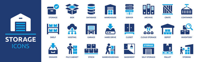 Storage icon set. Containing warehouse, database, box, inventory, container, shelf, archive and more. Vector solid icons collection. - obrazy, fototapety, plakaty