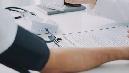 Female doctor checking old woman blood pressure at clinic and filling patient history in the morning..